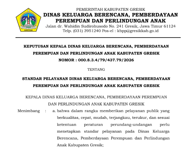 Dinas KBPPPA Kabupaten Gresik Tetapkan Standar Pelayanan sebagai Wujud Komitmen Peningkatan Kualitas Pelayanan Publik