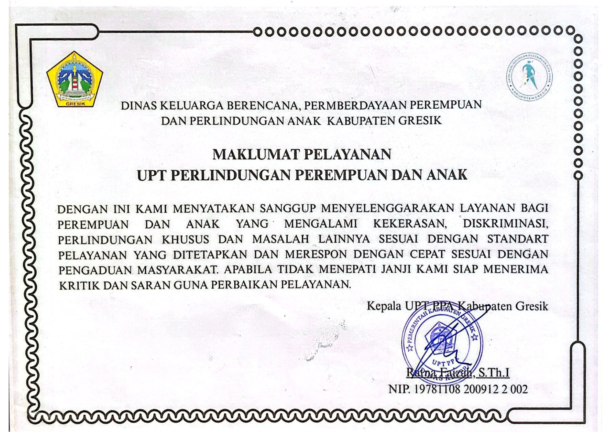 UPT PPA Kabupaten Gresik Teguhkan Komitmen Pelayanan melalui Maklumat Pelayanan